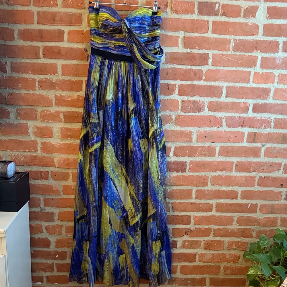 Blue, Green and Yellow Strapless Maxi Dress